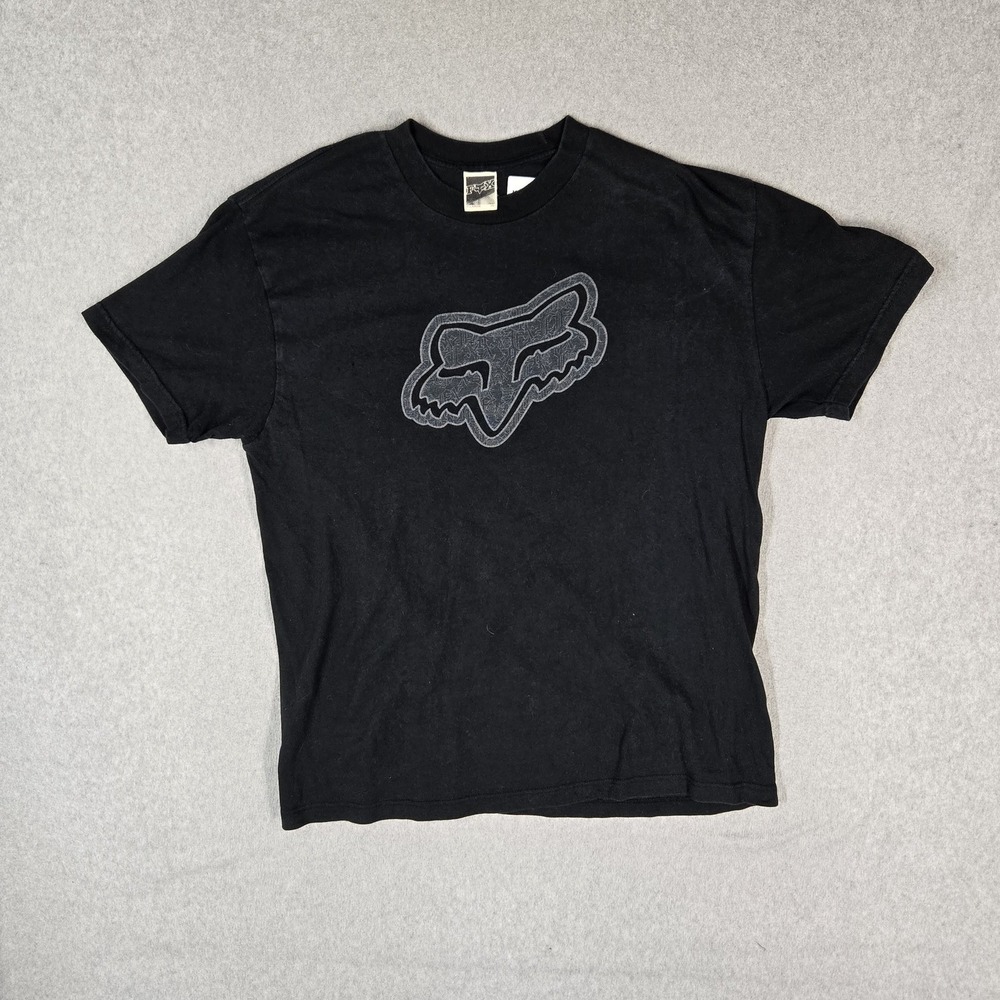 VINTAGE Fox Racing Men Shirt XL Black Big Logo Graphic Activewear Grunge Y2K